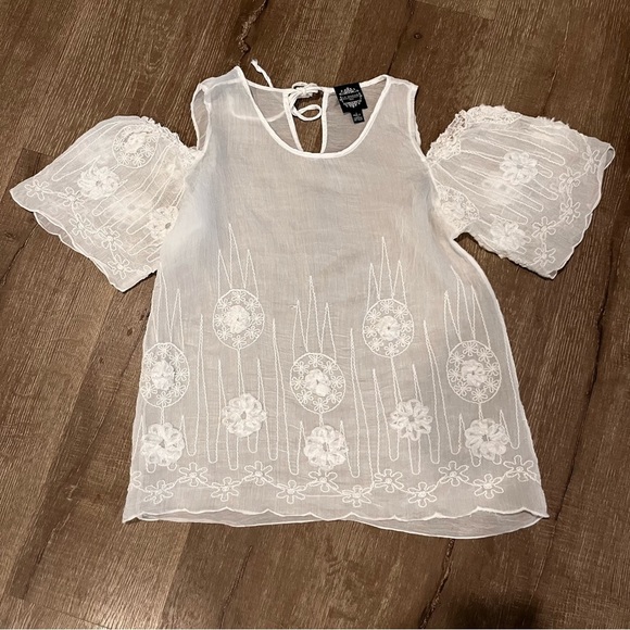 Le Marias Paris Women’s White Semi Sheer Feminine Short Sleeve Silk Top … - Picture 1 of 7